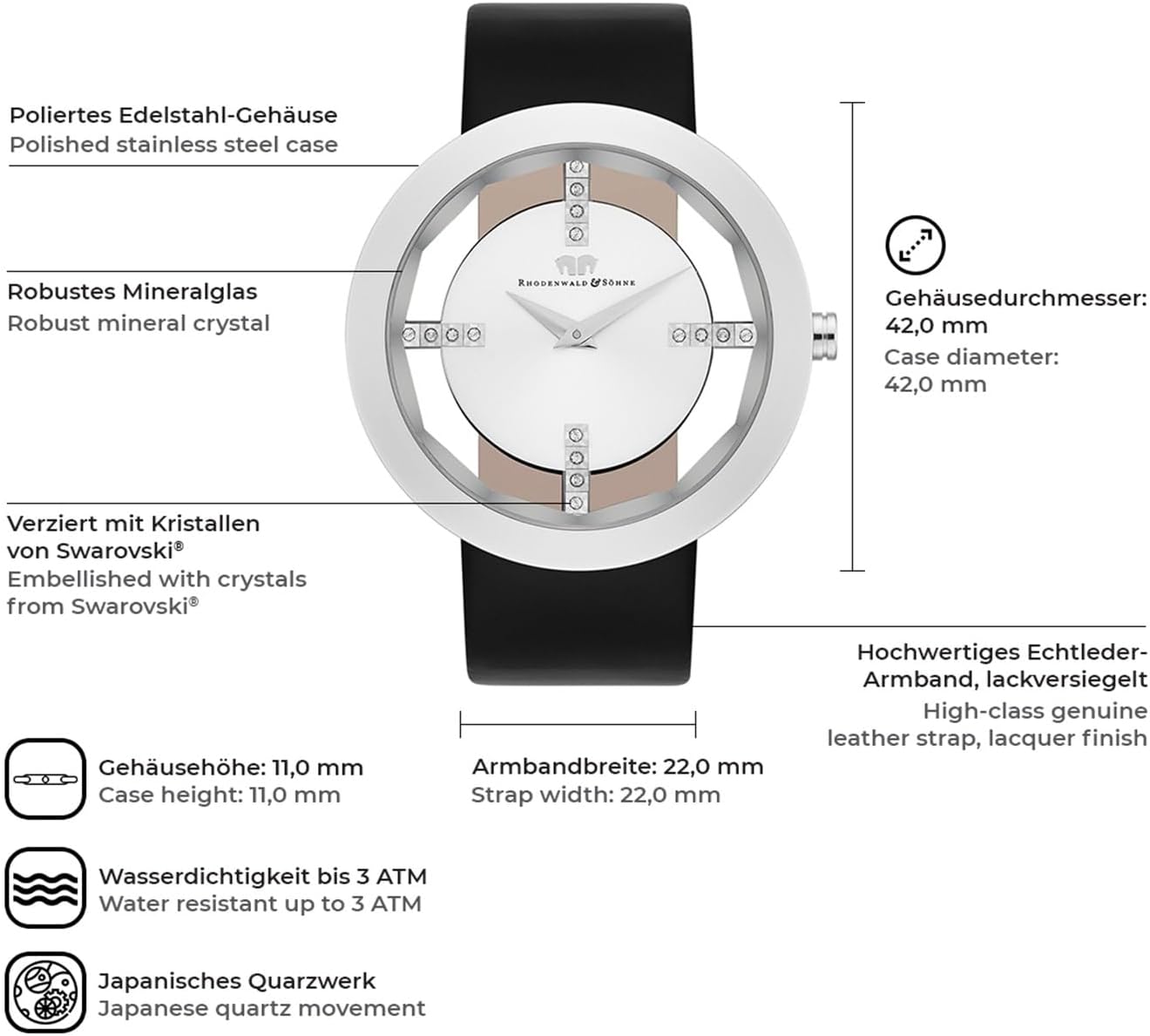 Detalle 2 de Rhodenwald & Söhne 10010014 : montre femme analogique à quartz en acier inox et bracelet cuir
