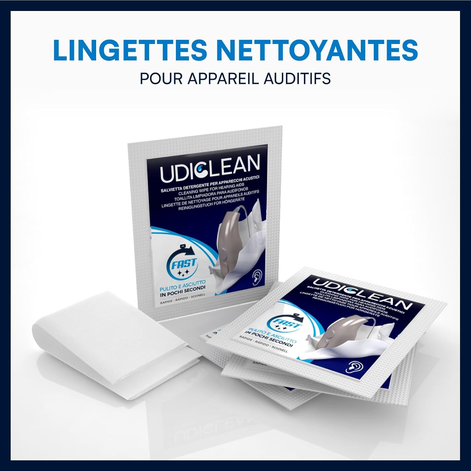 Thumbnail 1 de 200 lingettes humides biodégradables Udiclean à séchage rapide pour le nettoyage des appareils auditifs