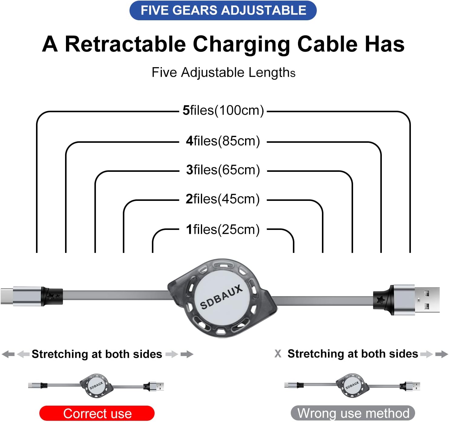 Thumbnail 5 de SDBAUX USB-C Kabel 1 m mit Quick Charge 3.0 (3 A) – einziehbares USB-A auf USB-C Ladekabel & Datenkabel