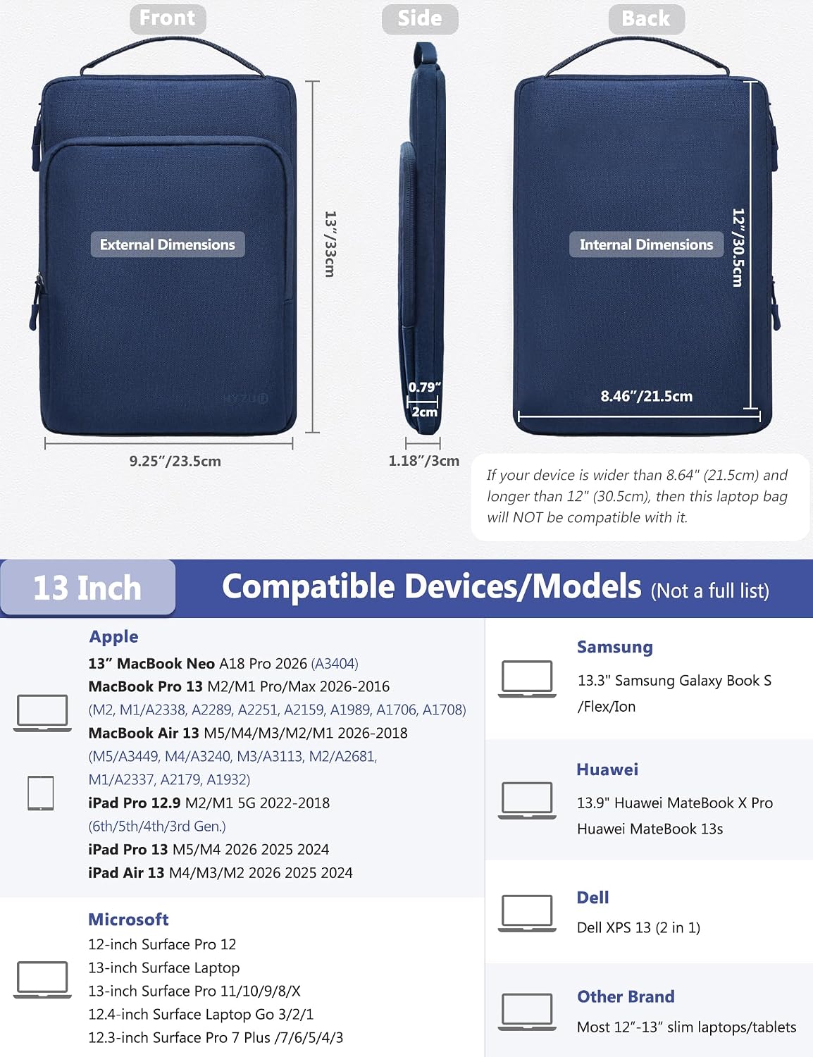 Detalle de HYZUO 13 Zoll Laptoptasche Hülle für 13" MacBook & iPad (Navy Blau) – mit stoßfestem Innenfutter