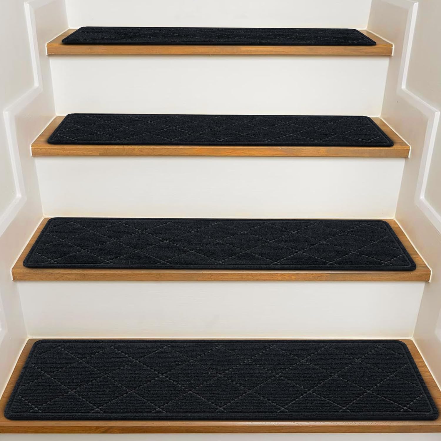 KOOTETA Indoor Stair Treads (15-Pack) for Wooden Steps, 8" x 30" Non-Slip Carpet Rugs with Reusable Adhesive, Black