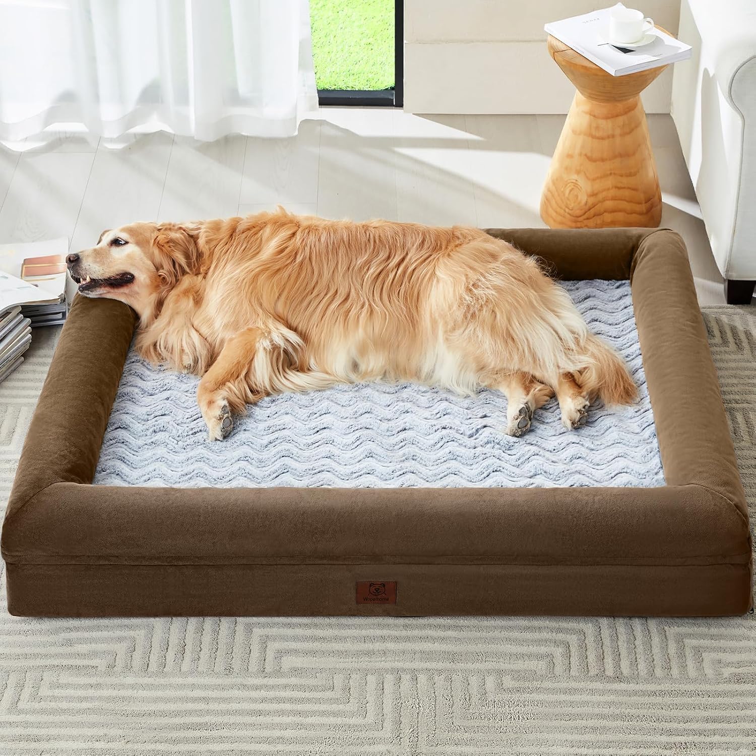 Detalle de WNPETHOME XXXX-L Giant Dog Bed, Brown Velvet with Bolster Sides