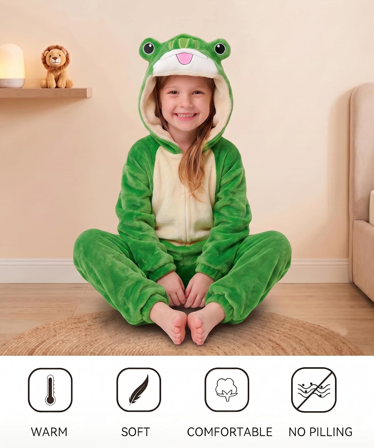 Detalle de LONULAIN WXETSY Kids Animal Onesie Pajamas, Flannel Fleece Hood, Pockets & Zipper