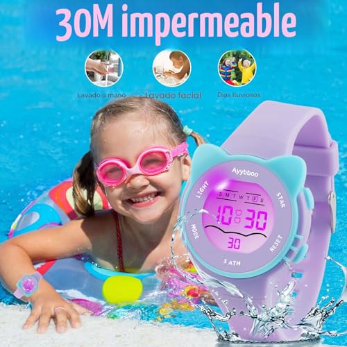 Detalle de Ayybboo Reloj Infantil Digital con 7 LEDs: reloj deportivo, impermeable 3 ATM y funciones completas