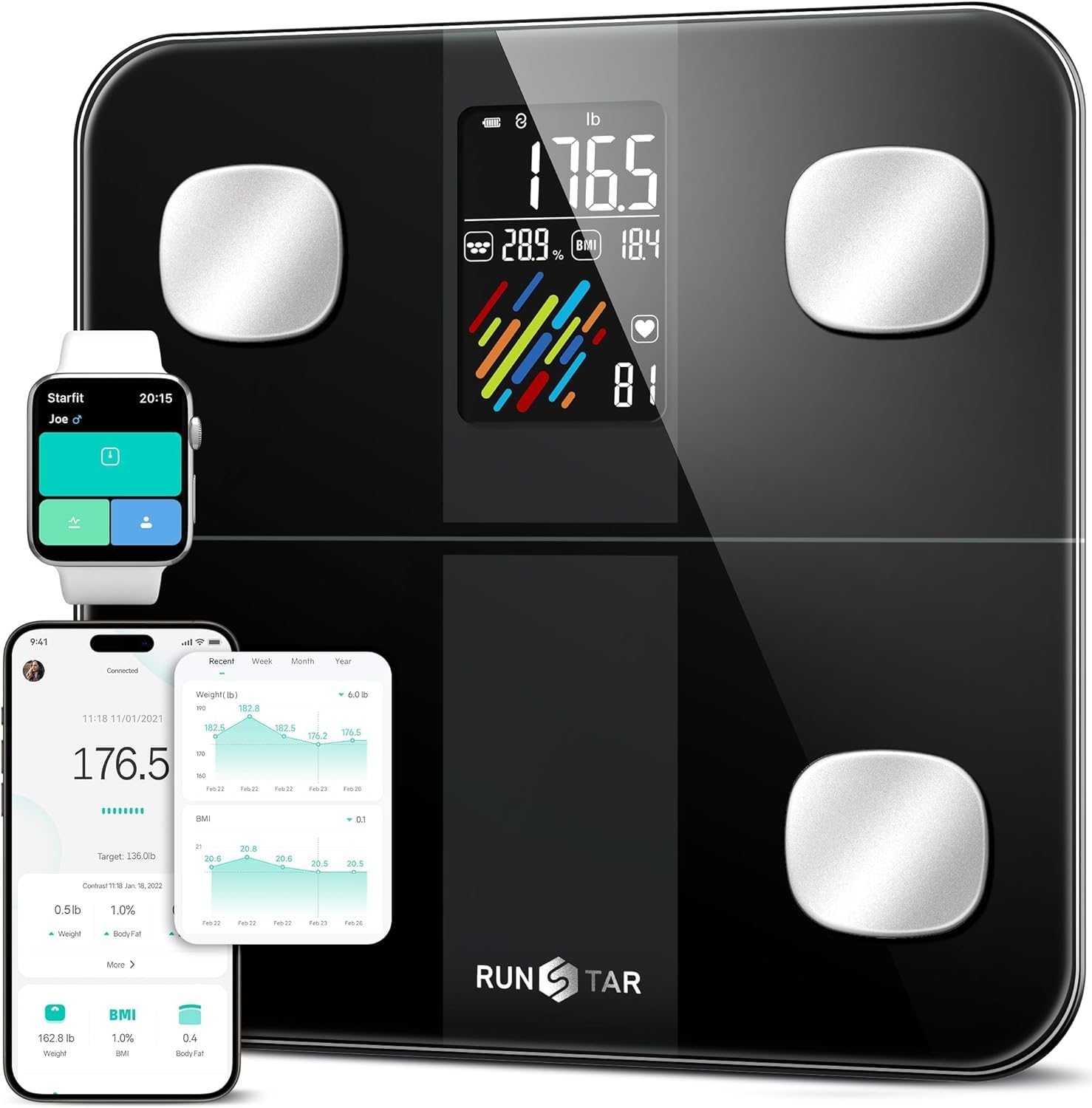RunSTAR Bilancia Pesapersone Digitale con Display VA XXL e Analisi di 15 Dati