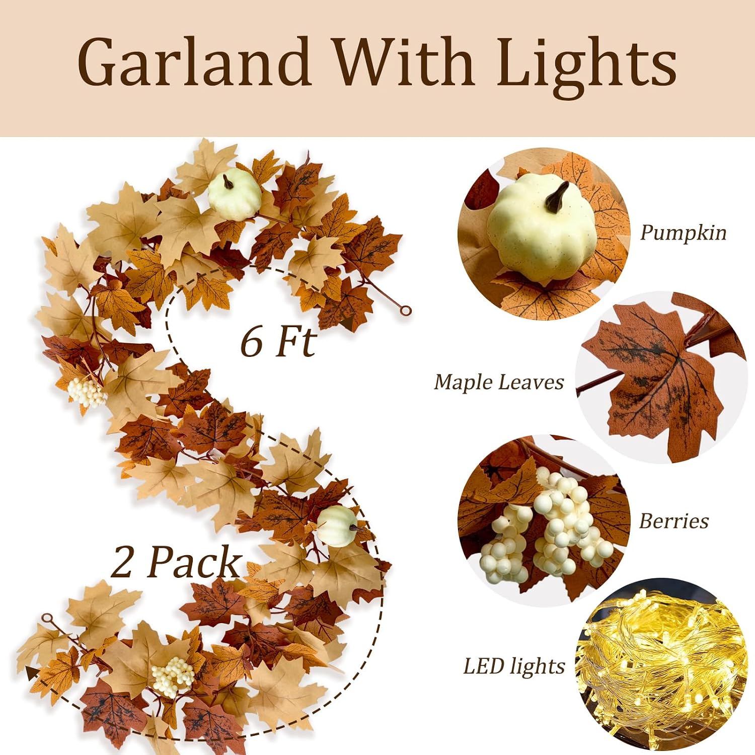 Detalle 2 de Cherica JH012-Brown-2 Fall Garland with Lights, 12-Foot Brown Maple Leaves