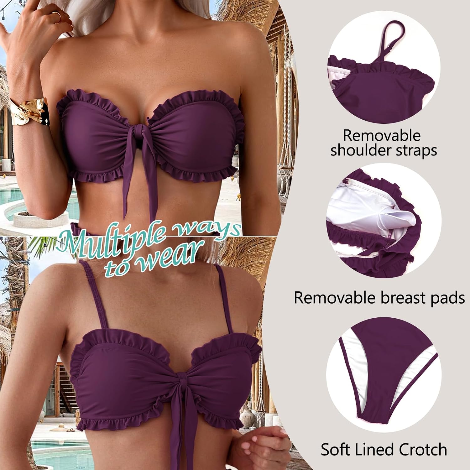 Detalle de OUSIMEN bikiniset för kvinnor med volangbandeau, hög midja och rosettdetalj