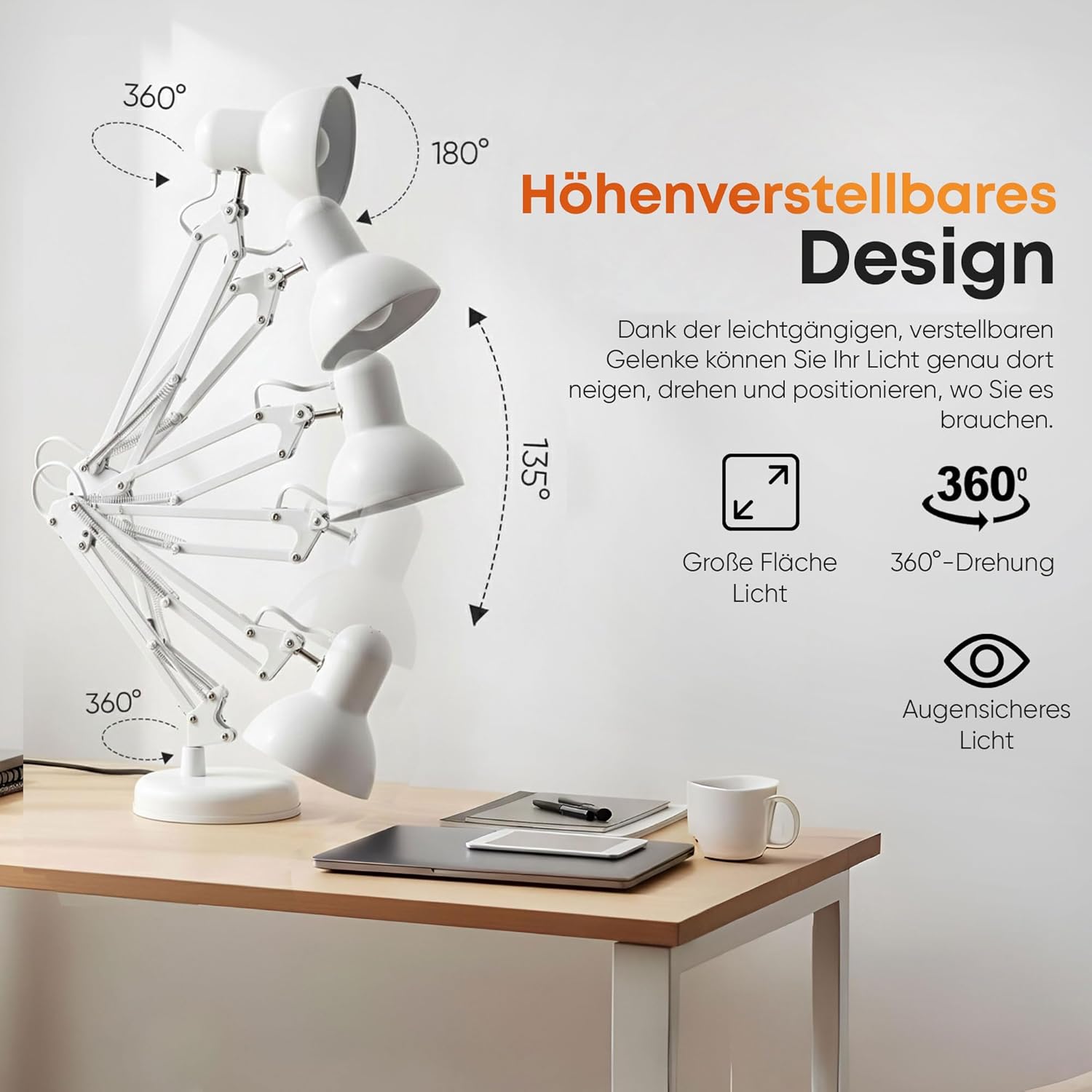 Thumbnail 3 de GOODS+GADGETS Retro Arbeitsplatzlampe – Leselampe mit Gelenk-Arm aus Metall, LED inklusive, Weiß