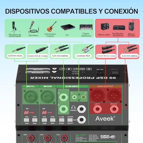 Thumbnail 1 de Aveek Mezclador de Audio de 4 Canales con USB/Bluetooth y Alimentación Fantasma 48V