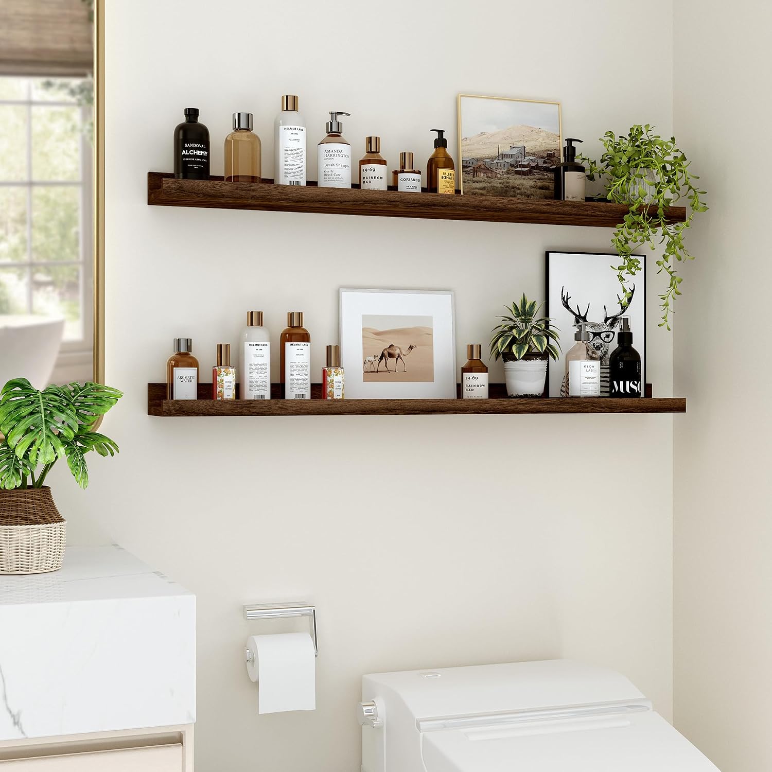 Detalle 2 de Floating Shelves Set of 2, 90 cm Walnut Floating Shelves with Ledge (Wall-Mounted)