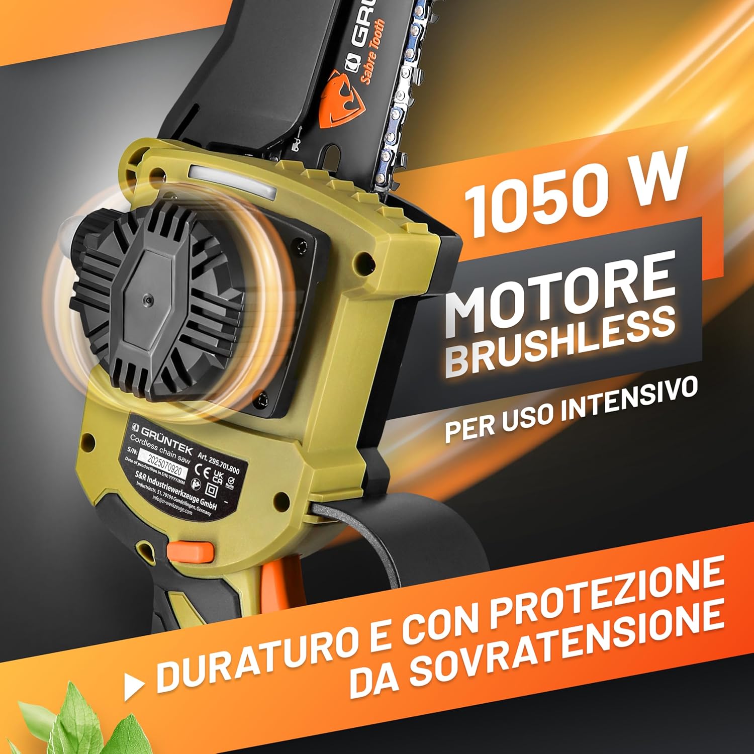 Detalle de GRÜNTEK Mini Motosega a Batteria 1050W: kit 2 batterie 21V, barre 6"/8" e accessori