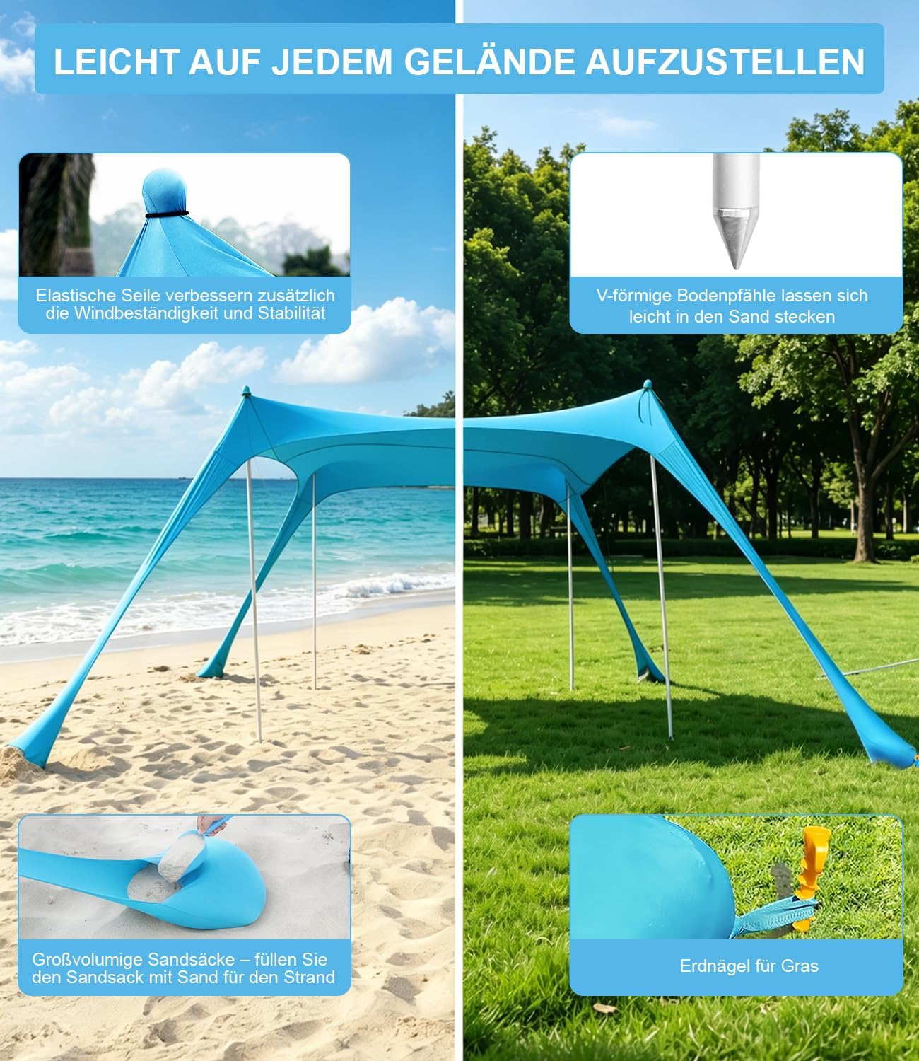 Detalle de MAXVINI UPF50+ Strandzelt 3 m x 3 m – Schatten, Stabilität und Vielseitigkeit für Strand, Camping und Garten