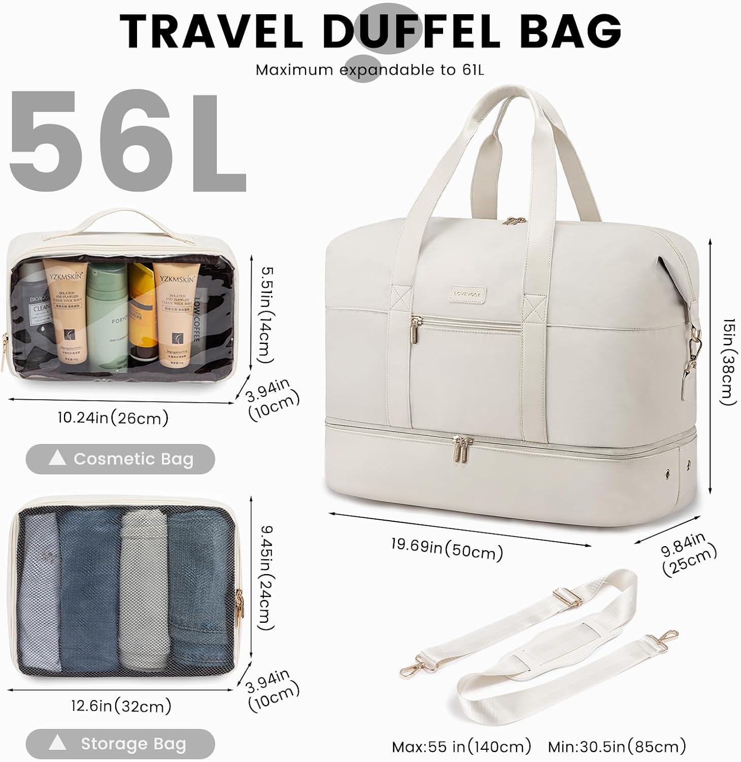 Detalle de LOVEVOOK Weekender Reisetasche für Damen mit Schuhfach, Kulturtasche & Nass-/Trockentrennung (50 x 38 x 25 cm), Beige
