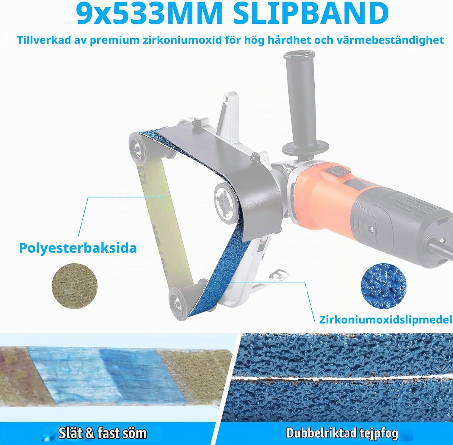 Detalle de Slipband 9 x 533 mm, 40-pack med blå zirkonkorund i sex kornstorlekar