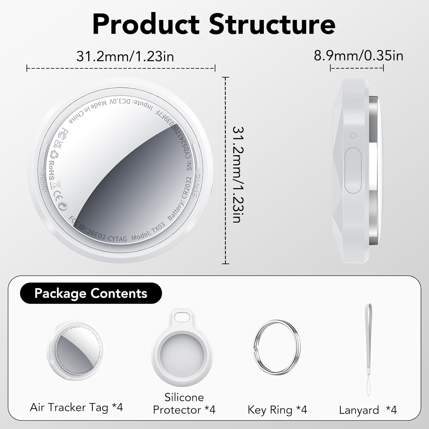 Thumbnail 1 de Tracker Tag Bianco scuro QCOQ (4 pezzi) Bluetooth per Apple Dov’è, con batteria sostituibile