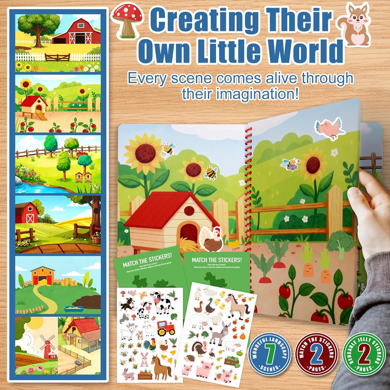Detalle 2 de Cosomia Farm Jelly Sticker Book for Kids 3–5, 70 Washable Reusable Stickers