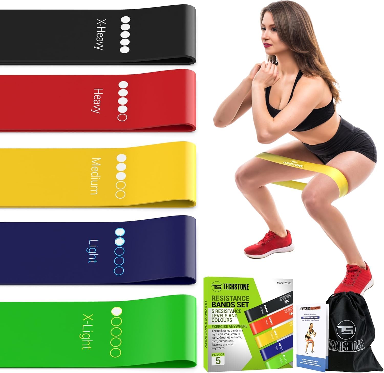 Detalle de TechStone Resistance Bands Set (5er-Set) – Widerstandsbänder aus Latex für Krafttraining, Yoga & Pilates