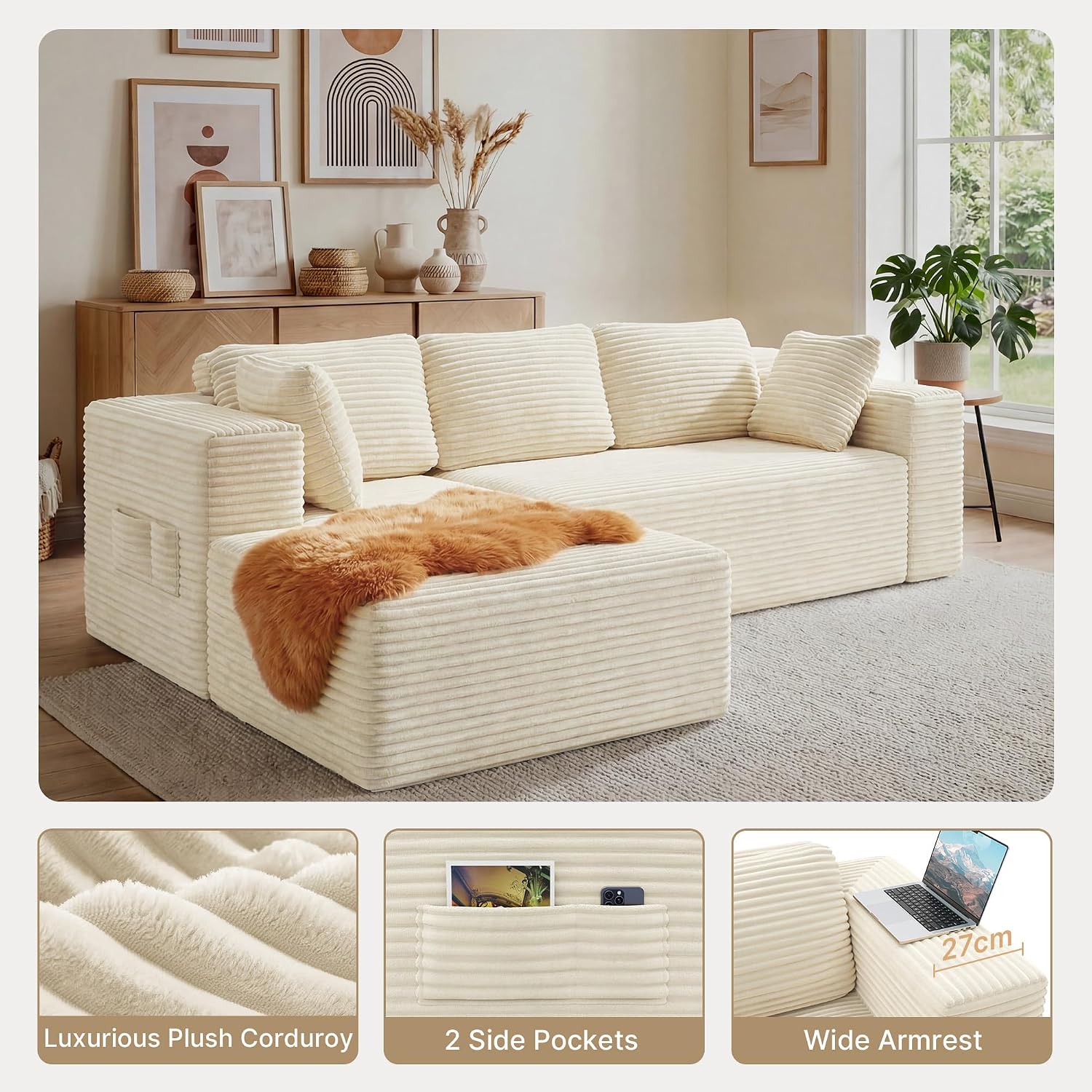 Thumbnail 5 de Xbro Hoekbank, 3-zits L-bank met longchair links in beige ribstof