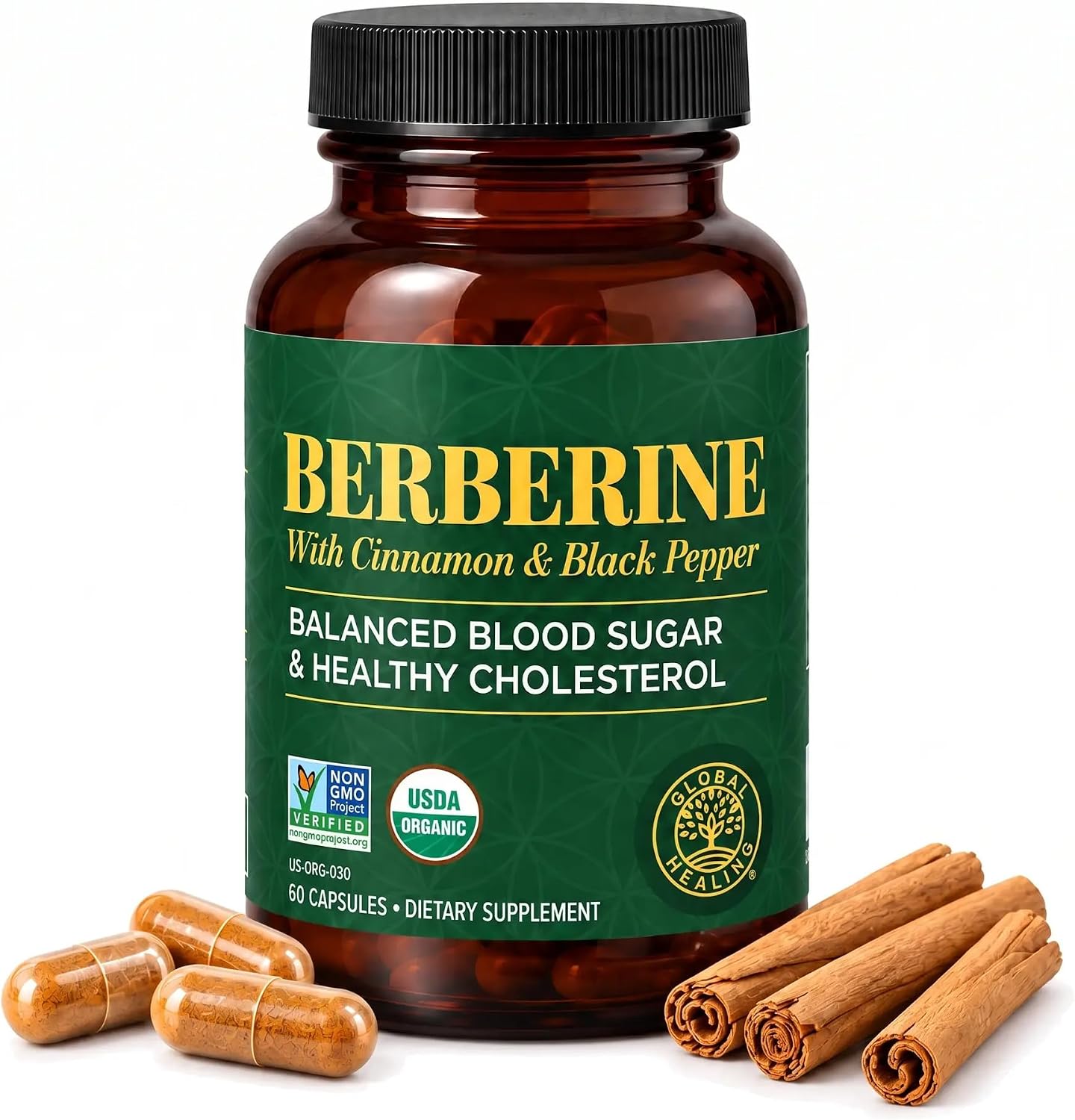 Detalle de Global Healing BER-60 Organic Berberine Supplement, 1200 mg with Ceylon Cinnamon