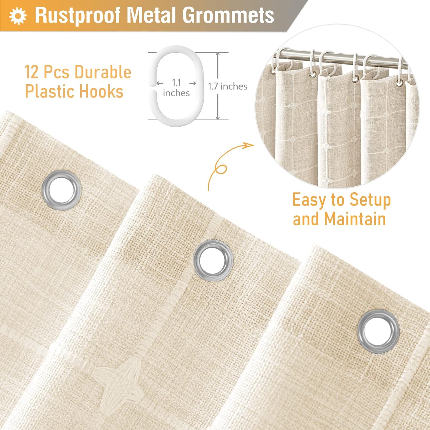 Thumbnail 4 de BTTN Extra Long Boho Linen Blend Shower Curtain (72x96 Inch) with Plastic Hooks – Cream/Beige