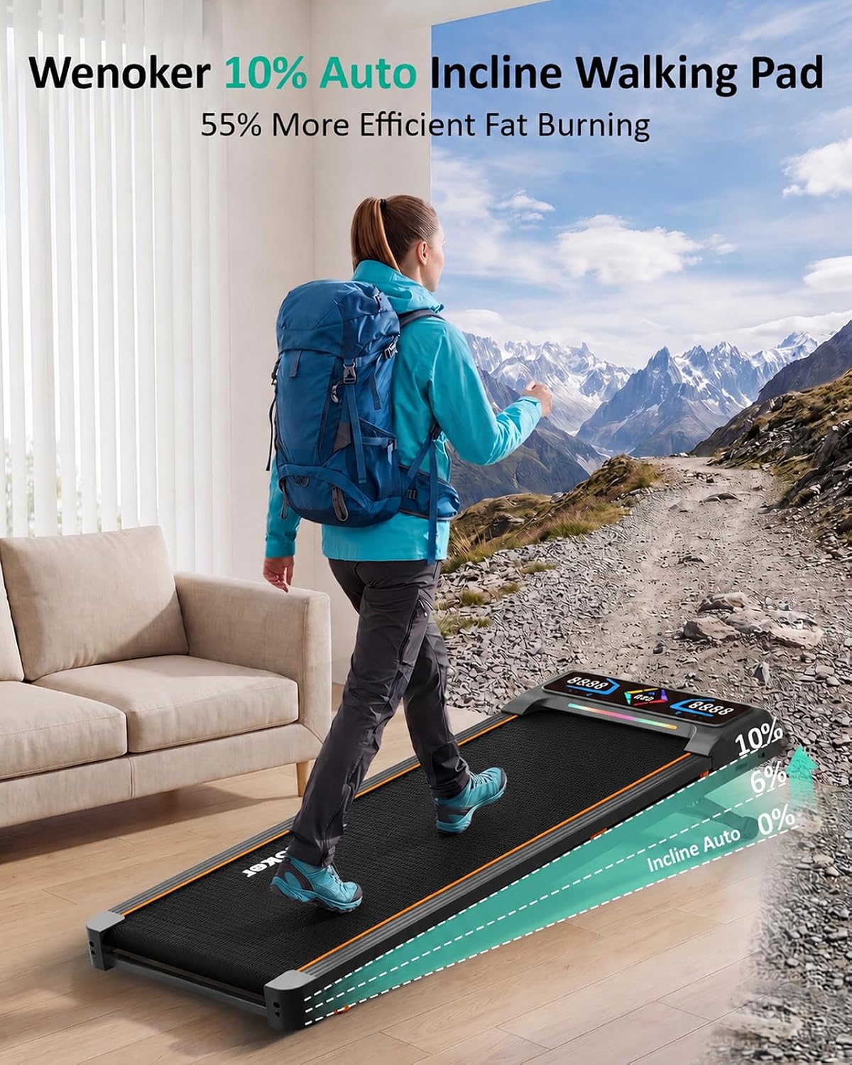 Detalle 2 de Wenoker Walking Pad Treadmill with 12% Auto Incline and 2.5 HP Motor