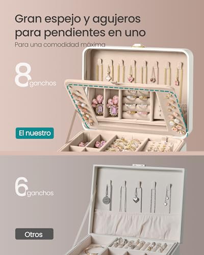 Detalle de SONGMICS Caja Joyero con Espejo GISELLA, 2 Niveles – 17,6 x 22 x 11 cm