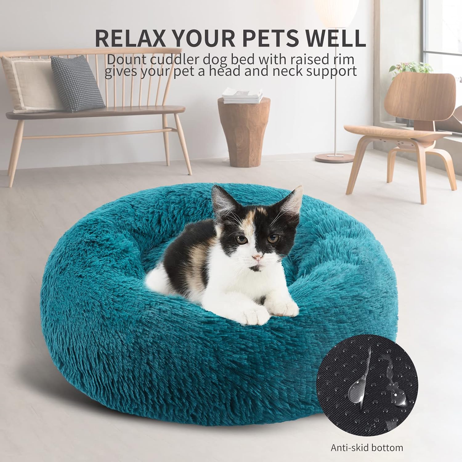Thumbnail 6 de BVAGSS Rundes Hundebett & Katzenbett im Donut-Design (Ø 80 cm), Cyan – waschbarer Plüsch-Kuschelkissen