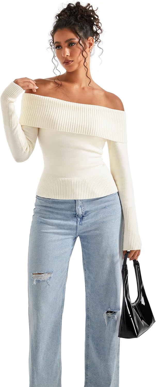 Detalle de SUUKSESS Women's Off-the-Shoulder Ribbed Knit Sweater, Long Sleeve