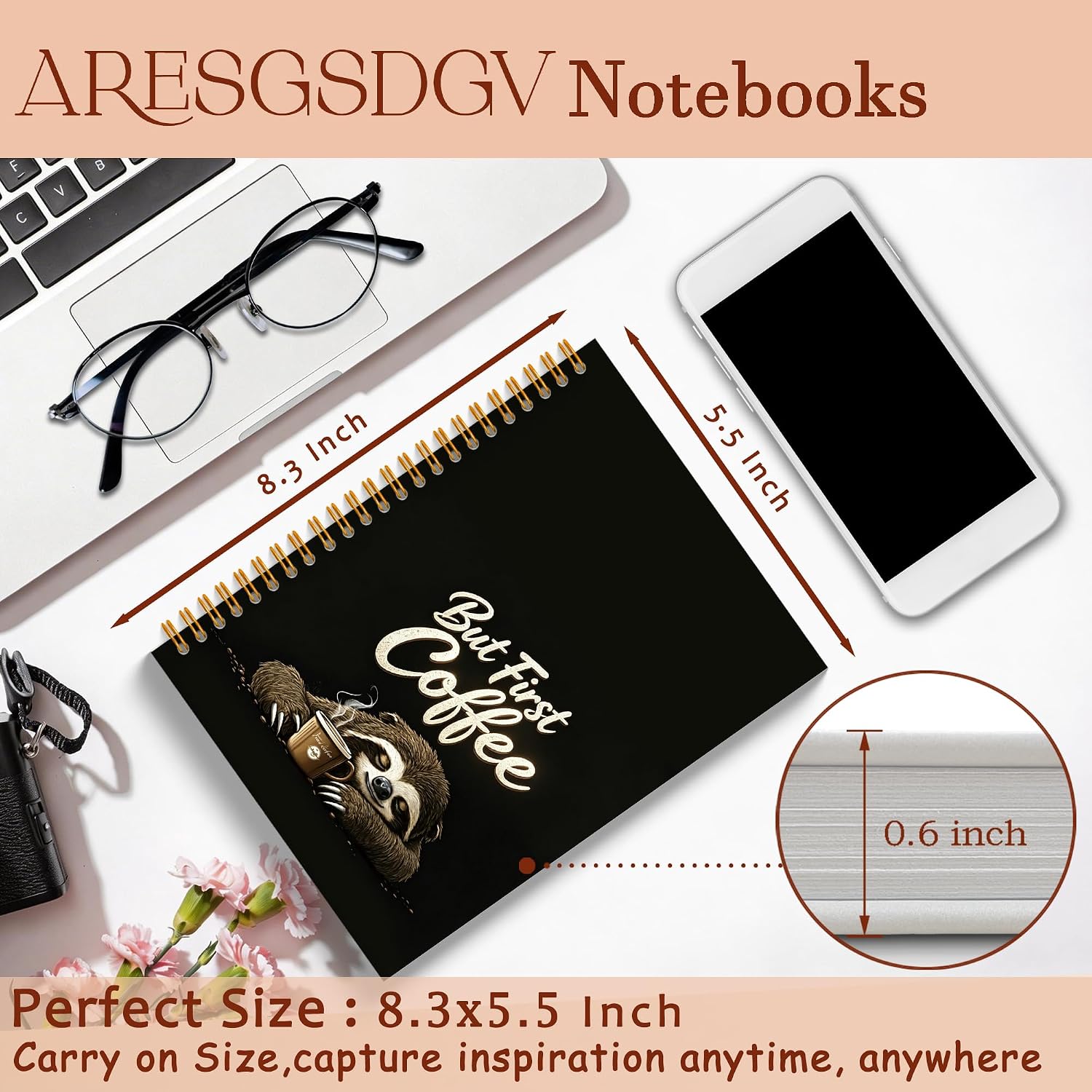 Detalle de ARESGSDGV Funny Sloth Coffee Notebook, 160 Pages, Hardcover, 5.5 x 8.3 in
