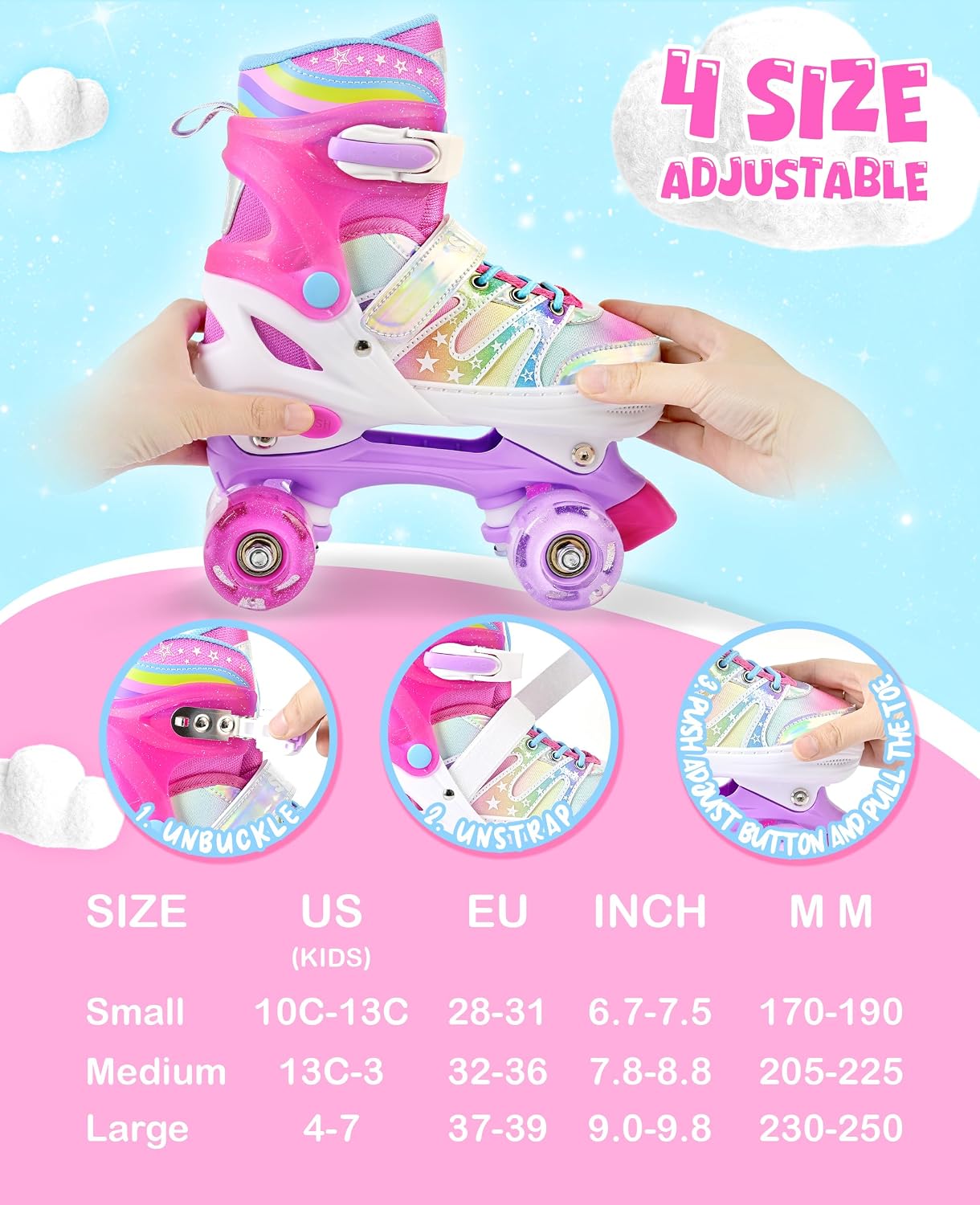 Thumbnail 4 de SULIFEEL Rainbow Tie-Dye Adjustable Roller Skates for Kids — Light-Up, Triple Protection, Indoor/Outdoor Fun
