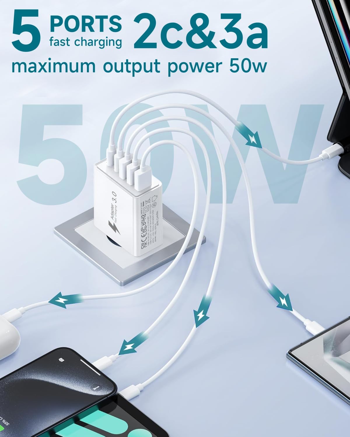 Detalle de Caricatore USB-C rapido 50W multiplo a 5 porte (USB-C + USB) per iPhone, Samsung e altro