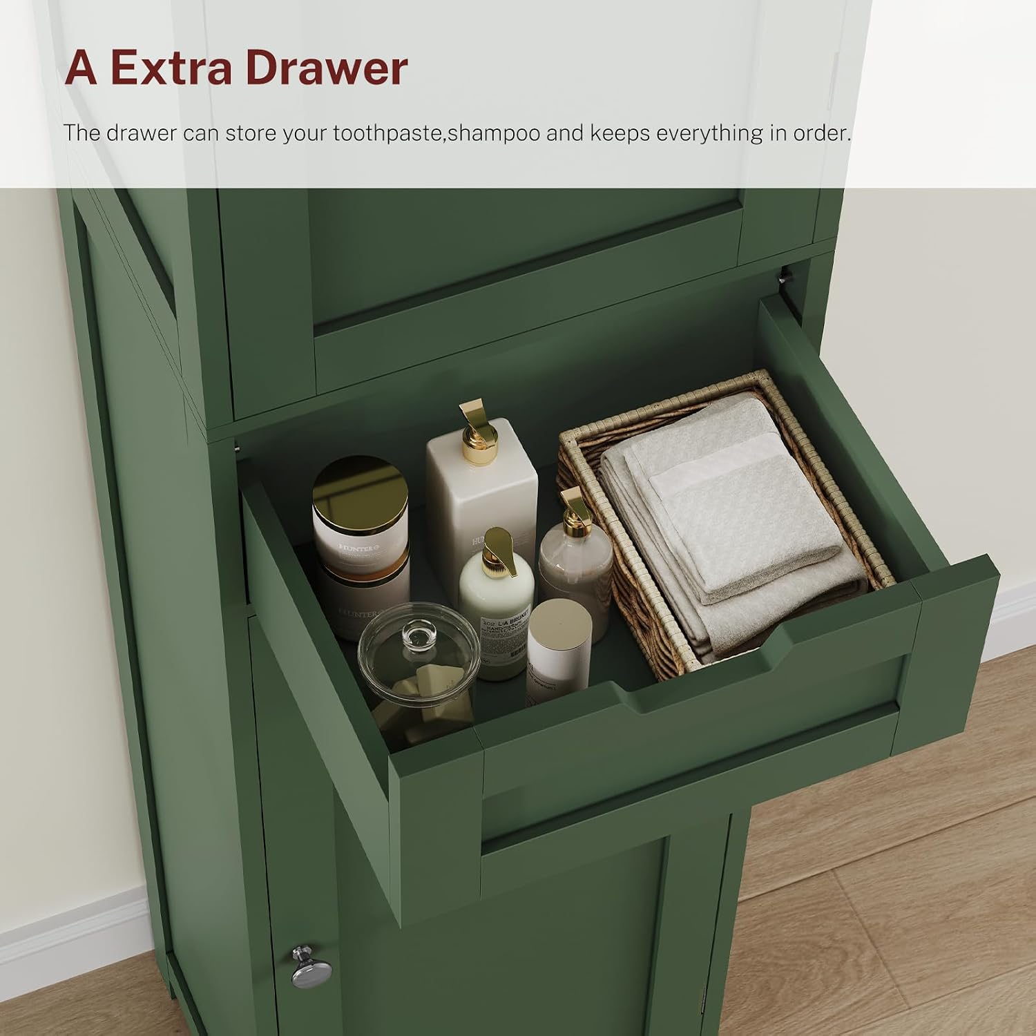 Detalle 1 de FIONESO Tall Bathroom Cabinet, 67-inch Green Floor Cabinet with Drawer and Adjustable Shelves