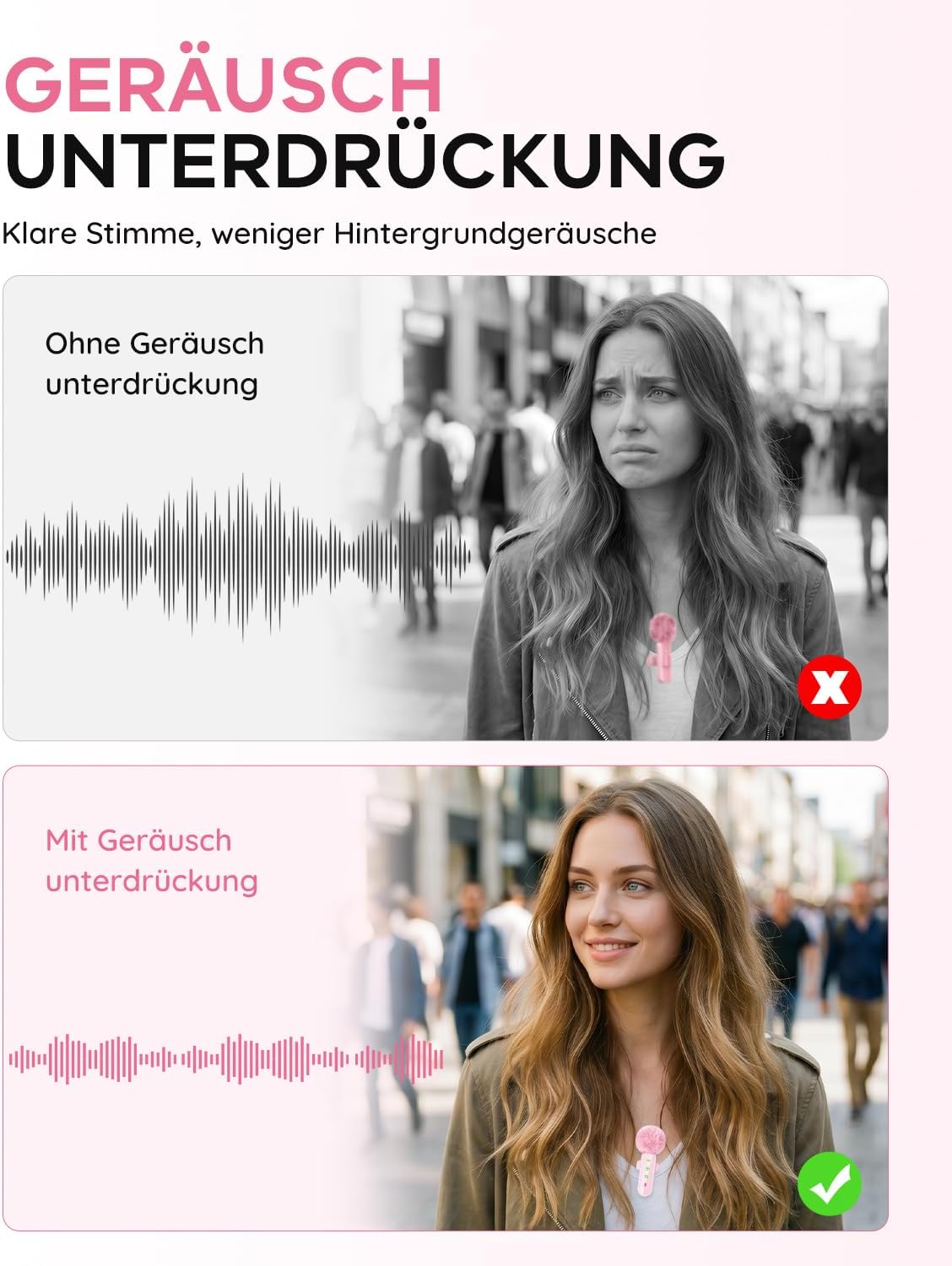 Detalle 2 de Bayanbulu Kabelloses Lavalier-Mikrofon für iPhone, iPad und Android – Rosa
