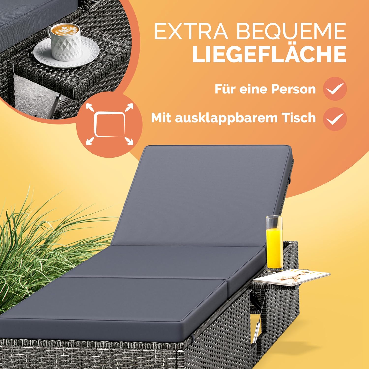 Thumbnail 6 de Casaria Sonnenliege mit Klapptisch – 200x58 cm, 7 cm Auflagen, wetterfest, bis 160 kg