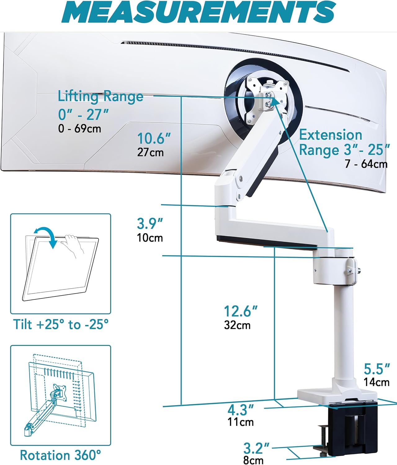Thumbnail 6 de ULTRARM Braccio Heavy Duty per monitor 57” MA20PW-S, regolabile in altezza con molla pneumatica, VESA 75x75/100x100 fino a 20 kg (bianco)