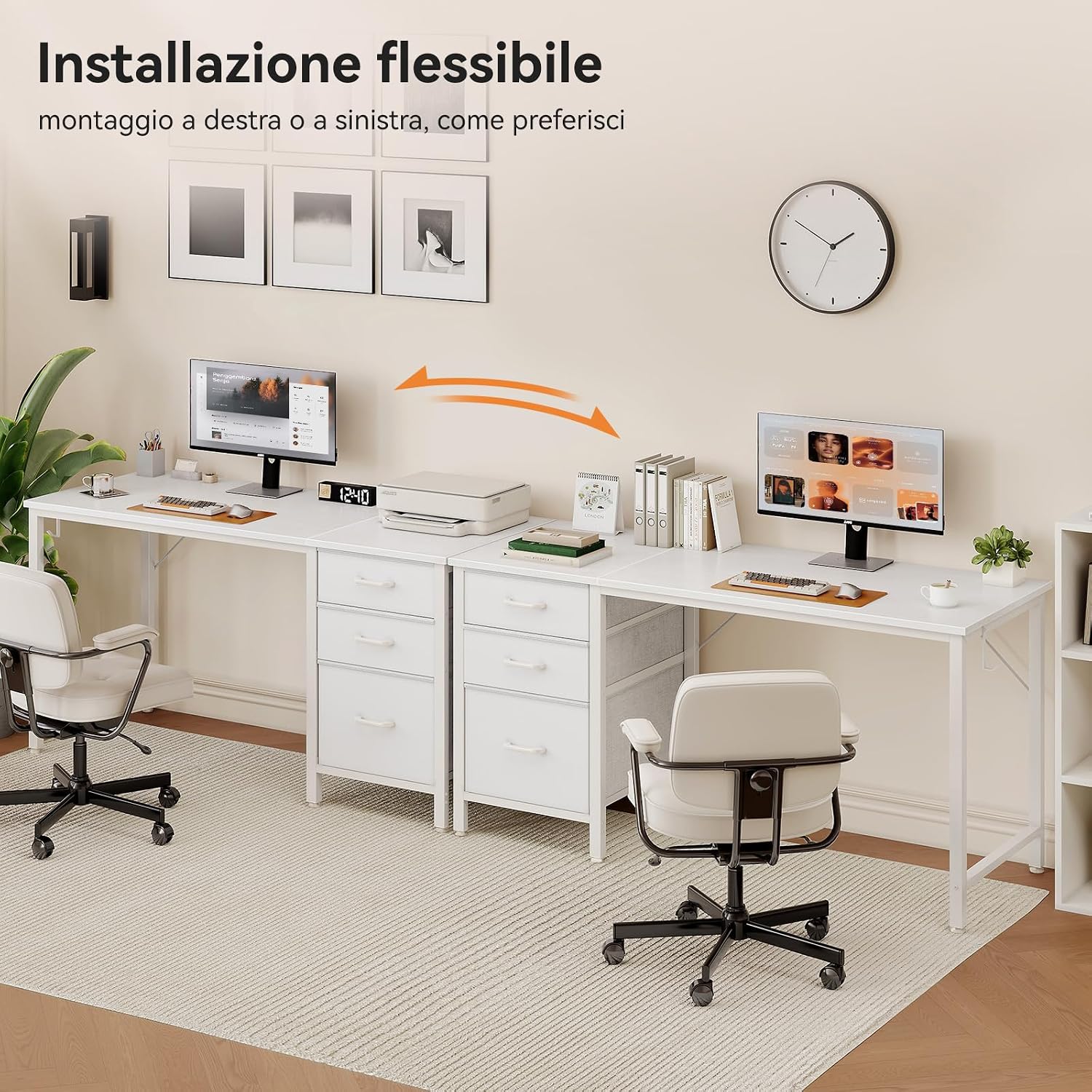 Thumbnail 5 de Coleshome Scrivania con 3 cassetti in tessuto, 120x48 cm – Tavolo reversibile bianco con portacuffie