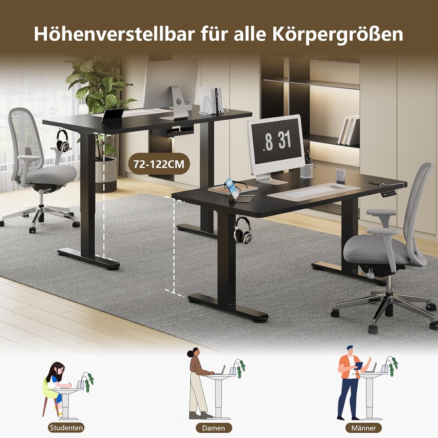 Thumbnail 6 de TRIUMPHKEY höhenverstellbarer Schreibtisch mit Dualmotor, 200x80 cm, Touchscreen & USB-A (schwarz)