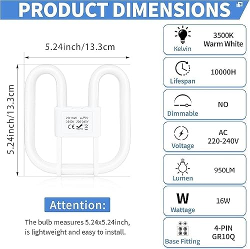 Detalle de Liuyife GR10q 4-Pin 16W CFL Light Bulb (13.3 x 13.3 cm) Non-Dimmable Warm White 3500K