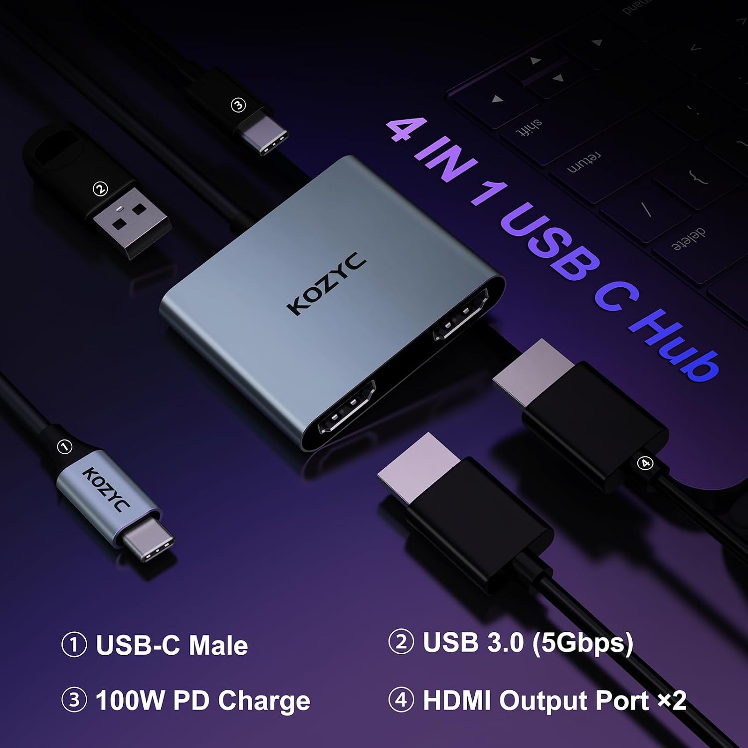 Thumbnail 1 de KOZYC Adaptador USB C a HDMI Dual 4 en 1