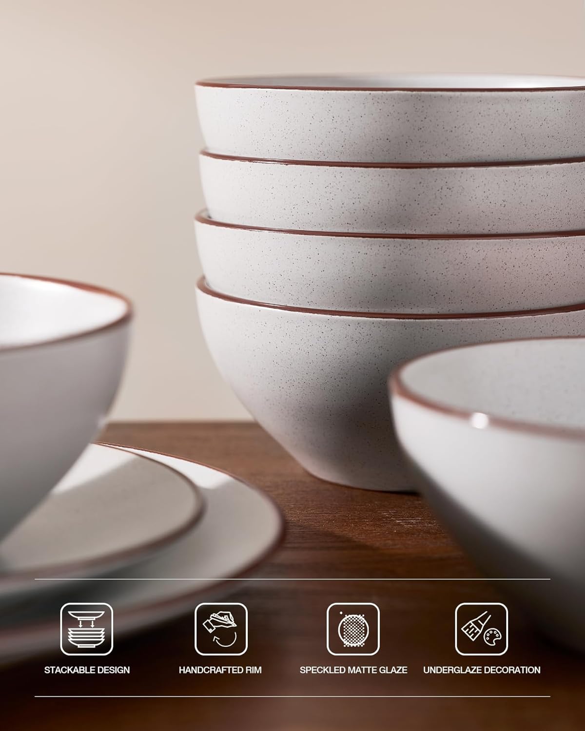 Thumbnail 4 de Famiware Venus Plates and Bowls Sets with Trim, 24 Pieces Speckled Stoneware Dinnerware for 8