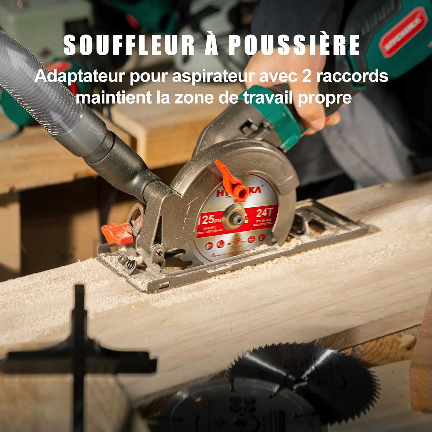 Detalle 2 de HYCHIKA Mini scie circulaire 750W 3 lames 115/125 mm avec rail de guidage et sac de transport