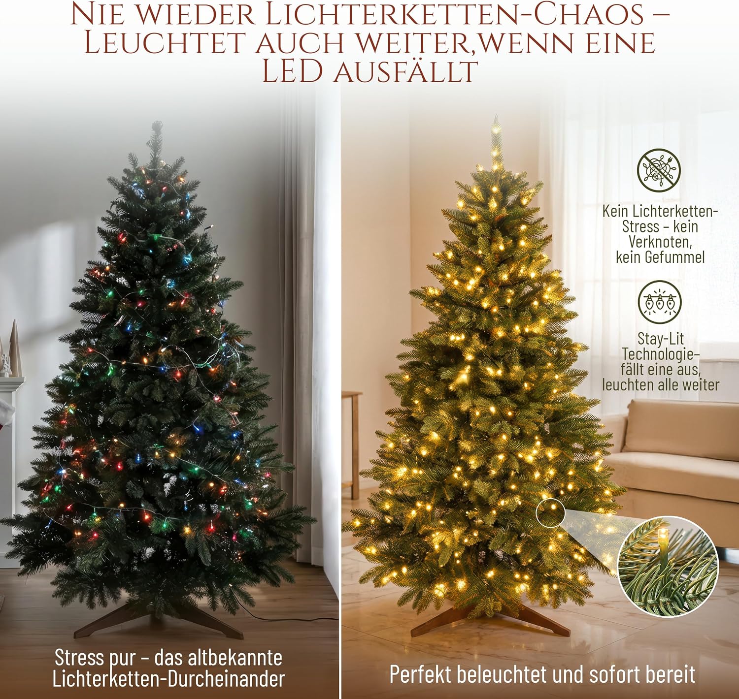 Detalle 2 de Premium Künstlicher Weihnachtsbaum mit Beleuchtung 180 cm – naturgetreuer Tannenbaum, 440 warmweiß-goldene LEDs, 8 Lichtmodi & Timer