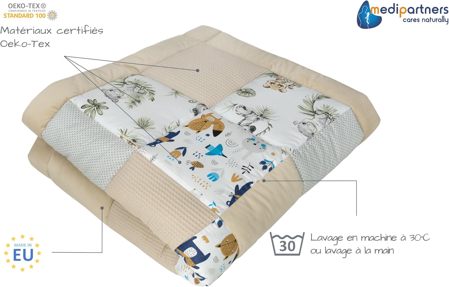 Thumbnail 1 de Medi Partners Tapis d'éveil Bebe 100x100 cm – Motricité et douceur en coton certifié OEKO-TEX