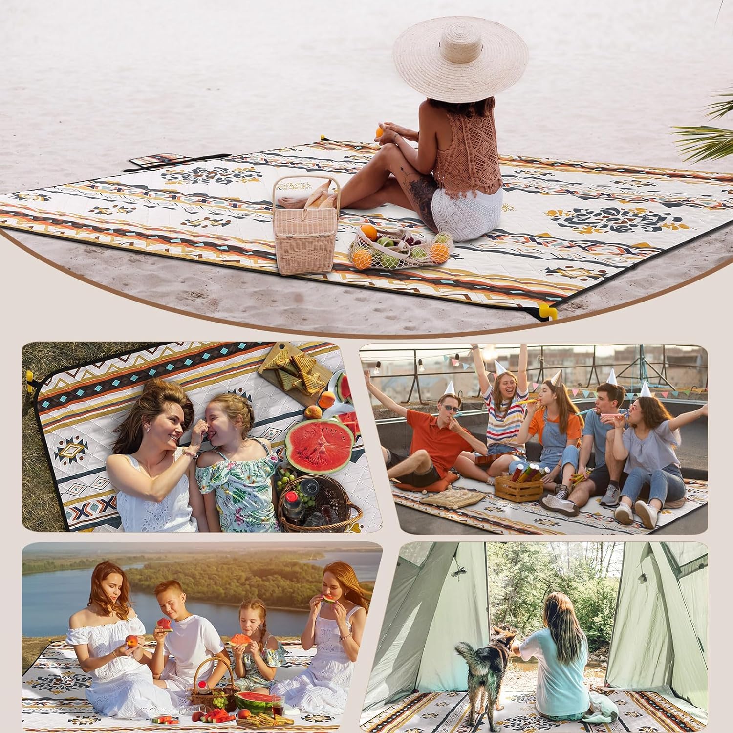 Thumbnail 6 de HAUSPROFI Picknickdecke Boho 200x200 cm – wasserdicht, isoliert und tragbar
