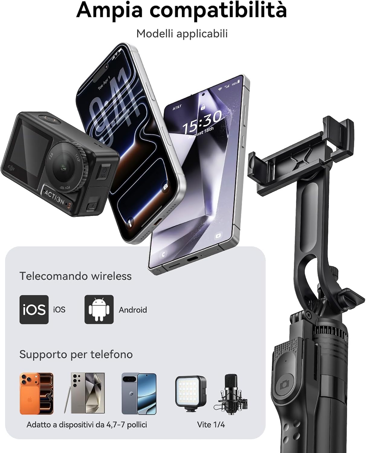 Detalle 2 de ORICO Treppiede per Smartphone con Bastone Selfie, Telecontrollo Rimovibile e Telecamera Support