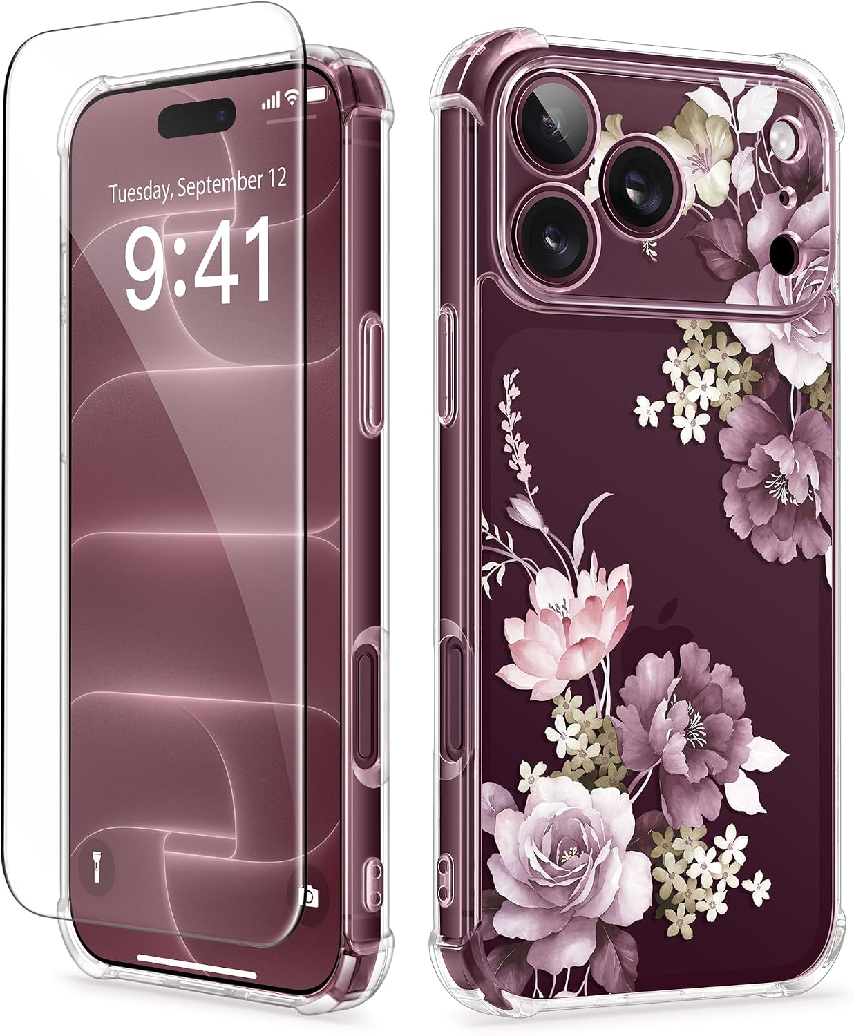 Detalle de GVIEWIN Floral Clear Case for iPhone 18 Pro/17 Pro, Slim with Screen and Camera Protection