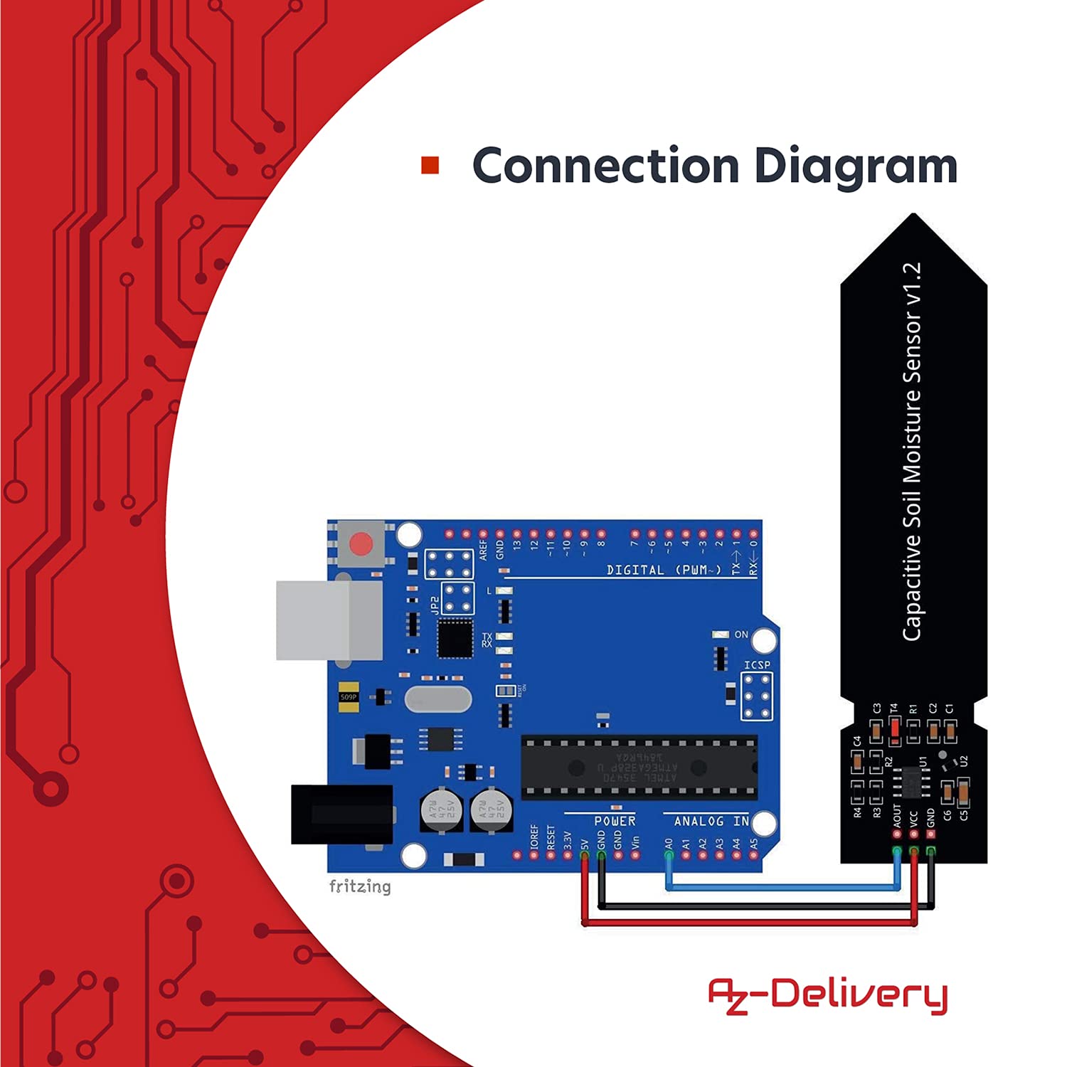 Detalle 2 de AZDelivery 5x sensori di umidità del suolo capacitivo V1.2 con modulo igrometro (compatibile con Arduino) + e-book