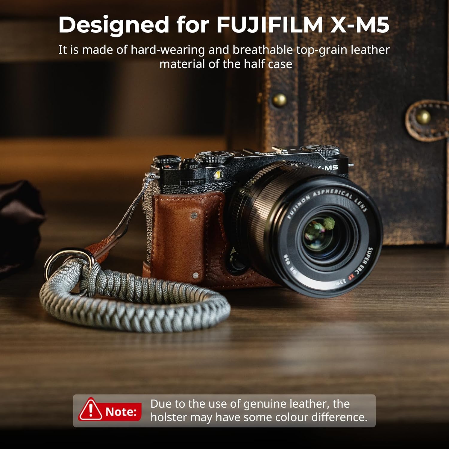 Detalle de SMALLRIG 4880 halfcase voor FUJIFILM X-M5, bruin, met polsband