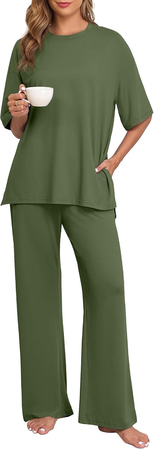 Thumbnail 4 de VINTATRE Womens Pajama Set, Short-Sleeve Top, Long Pants, Pockets, S-2XL