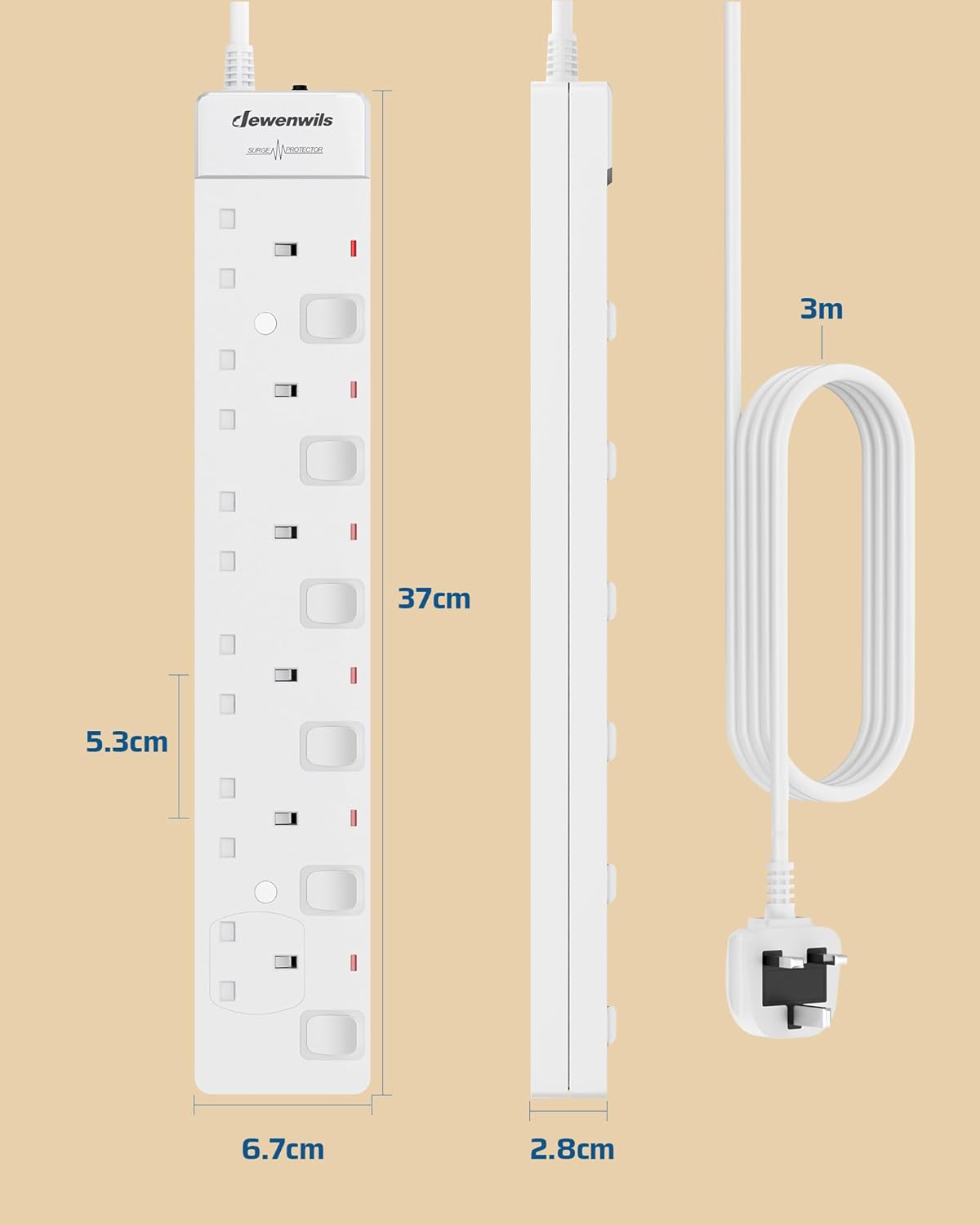 Thumbnail 6 de DEWENWILS 6 Way Surge Protected Extension Lead with 3m Cord and Wall Mount